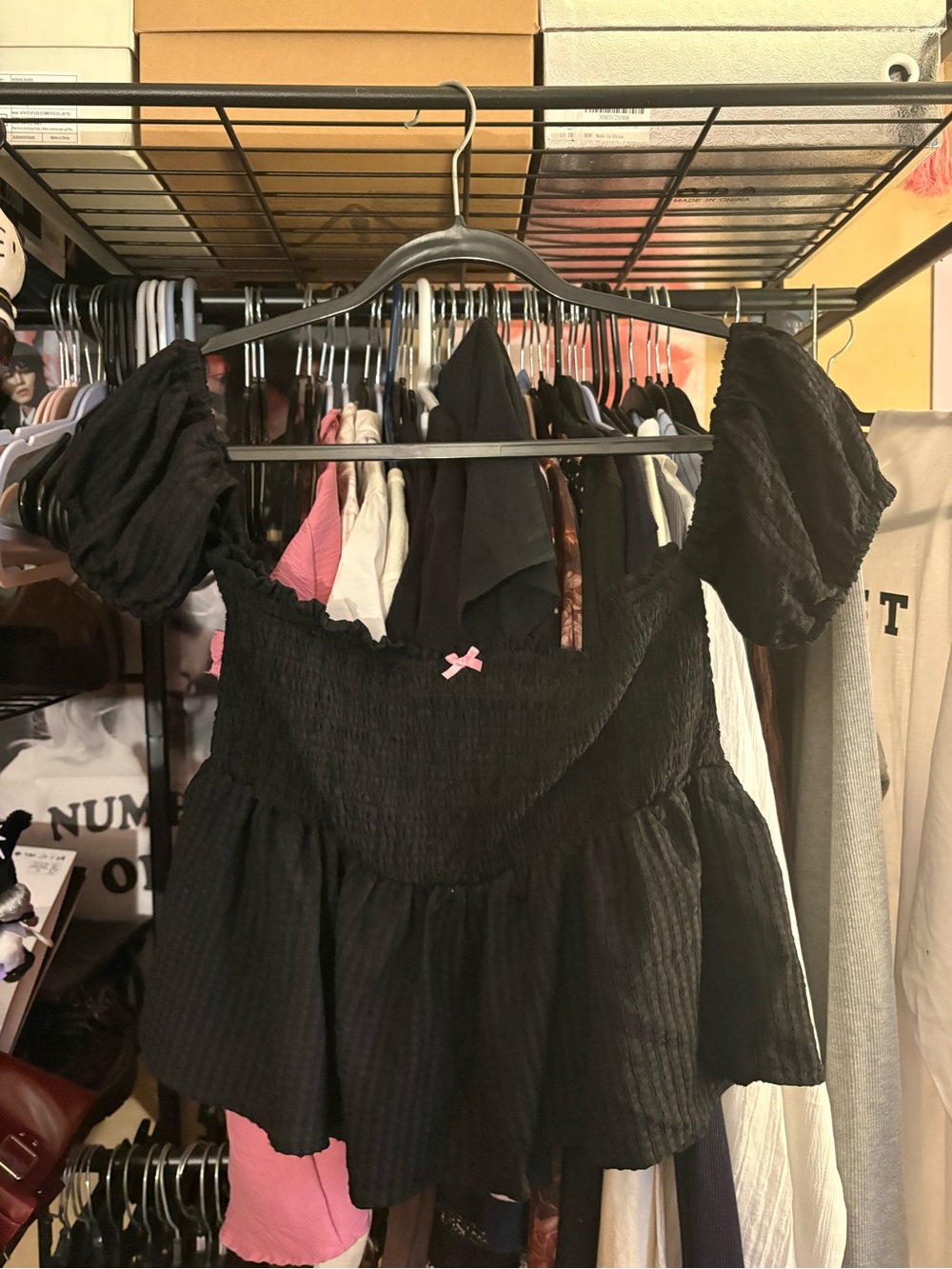 Forever 21 Black Smocked Puff Sleeve Peplum Top with Pink Bow Accent